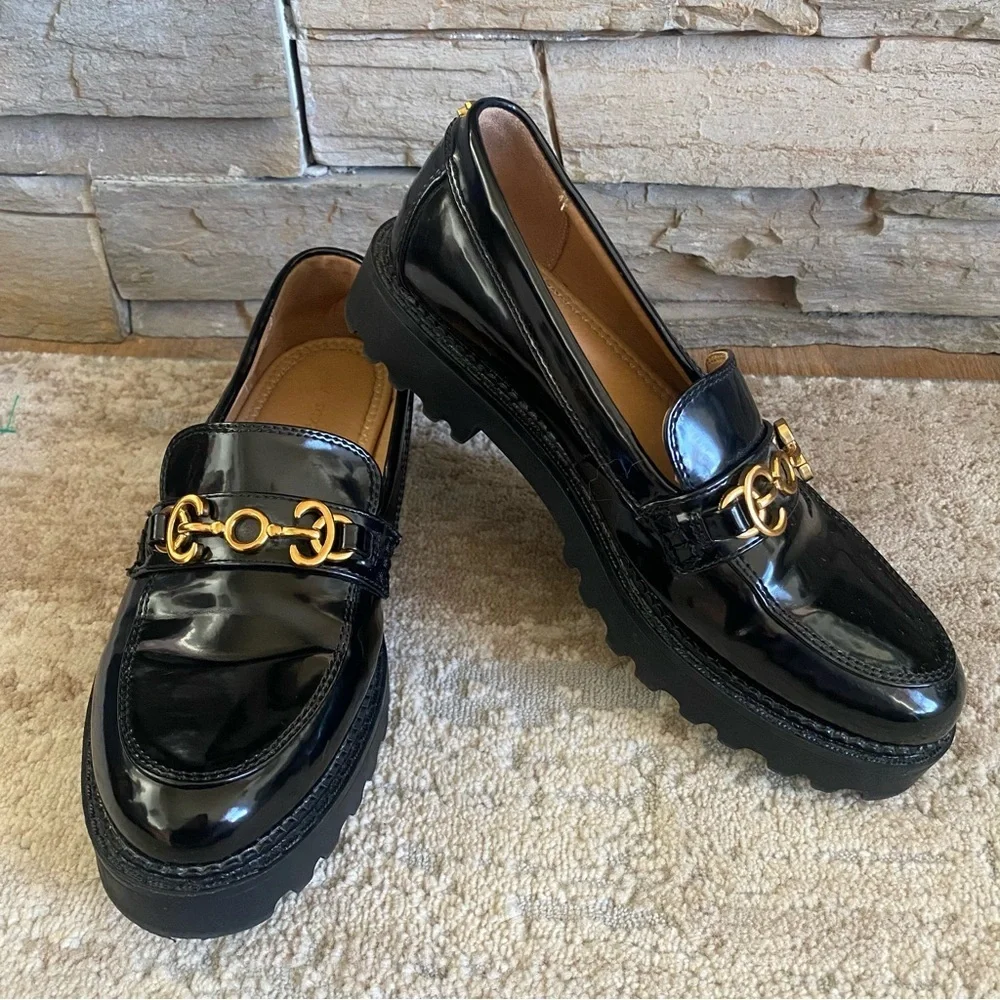 Circus by Sam Edelman Deana Black Loafers Gold Bit Accent Platform Sole: 7